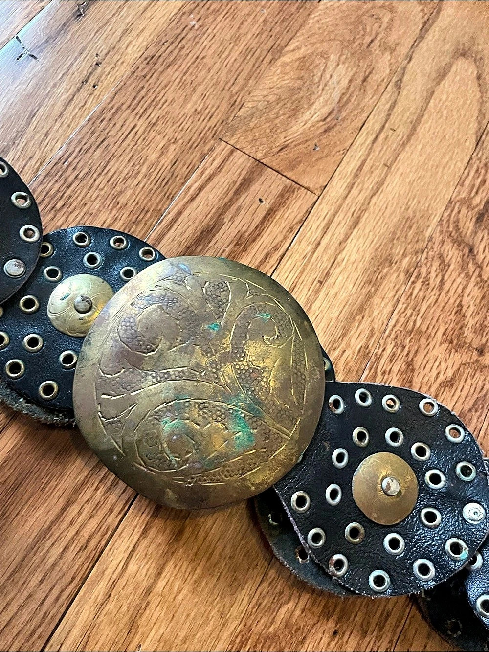 Vintage 70s 80s Moroccan Leather Grommet Disc Belt Black Western Medallion Belt - Picture 2 of 11